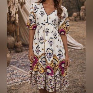 Anthropologie brand Fig & Flower Floral V-Neck puff sleeves empire waist Midi